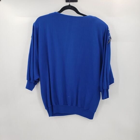 Vintage 80's Bling Sweatshirt Womens Large Blue Sequin Rhinestones Dolman Sleeve - Picture 12 of 13